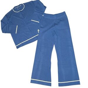 NWT 12Crazy Blue Knit Lounge Set Minimalist Contrast Trim Wide Leg Long Sleeve M